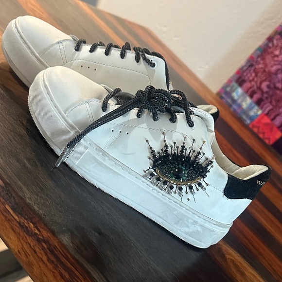 Kurt Geiger Other - Kurt Geiger White Sneakers with Black and Green Eye Design